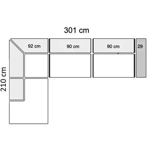 301 x 210 cm Venstrevendt med 2 sæder