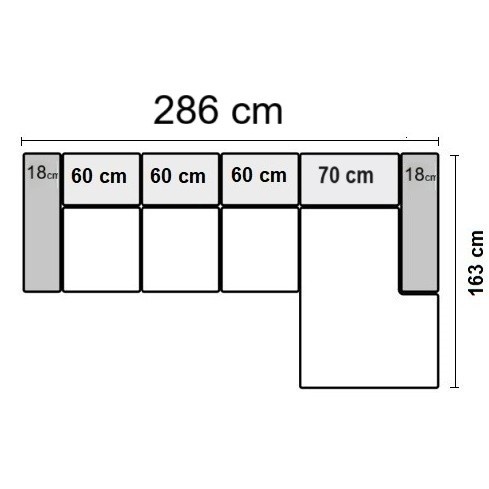 286 x 163 cm Højrevendt med 3 sæder